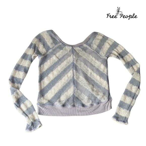 Free People Delicate Knit Lavender and White Striped Vneck Long Sleeve Top M - Picture 1 of 11